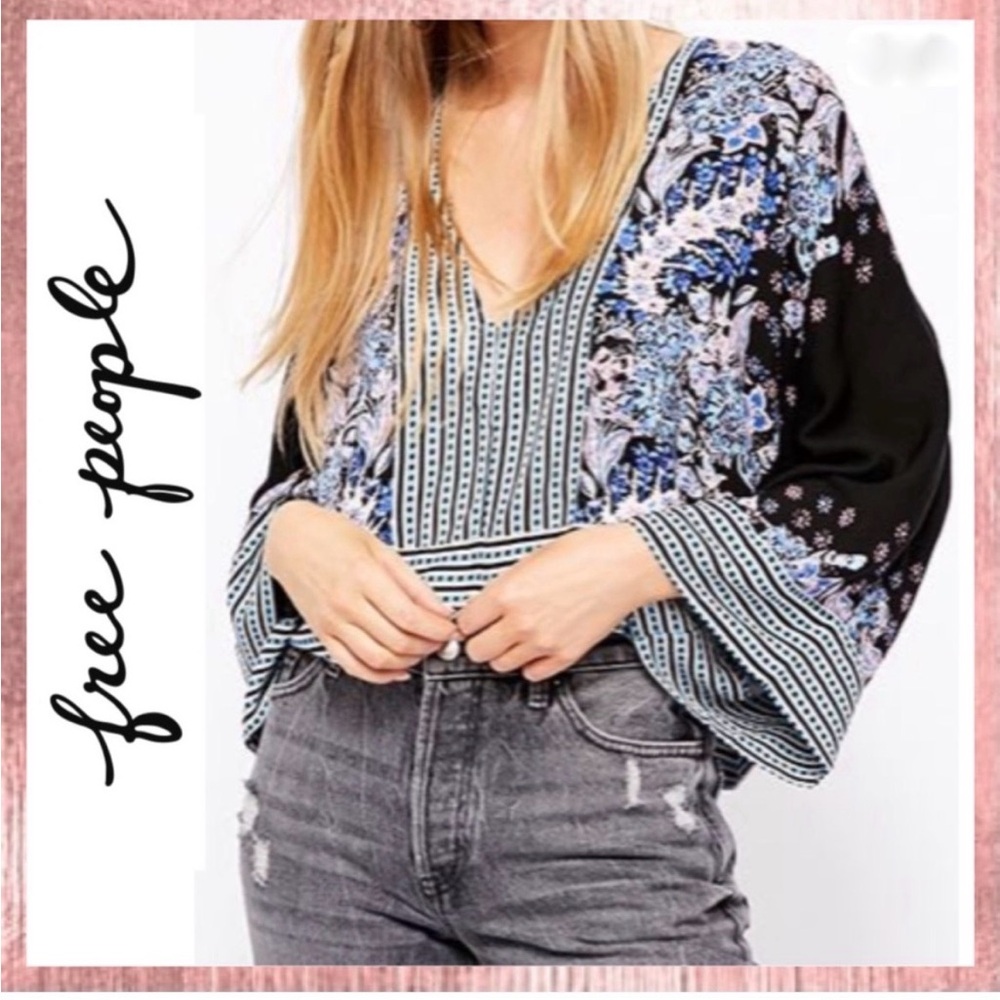NWOT Free People Floral V-Neck Blouse Bell Sleeve Sz L